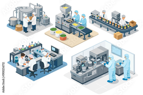 Modern industrial production and laboratory processes illustrated in isometric view