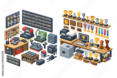 Isometric locksmith and award display workshop with tools and machines