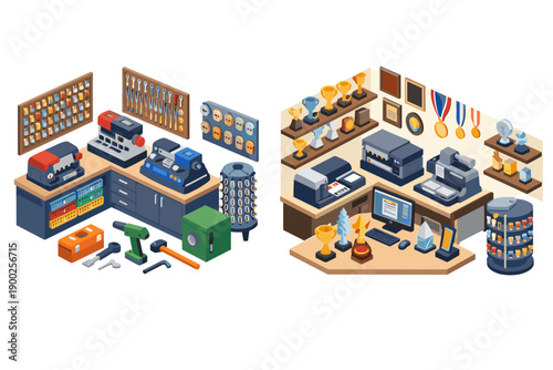 Isometric illustration of a locksmith shop and a trophy shop interior