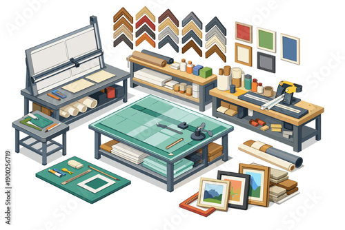 Art framing workshop setup with tools, materials, and finished frames displayed