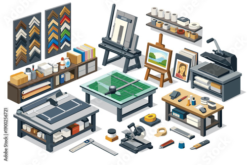 Art studio and framing shop equipment arranged in an isometric view