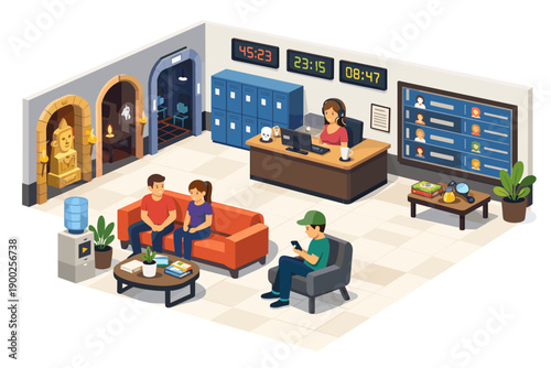 Isometric view of an escape room lobby with waiting guests and staff at reception