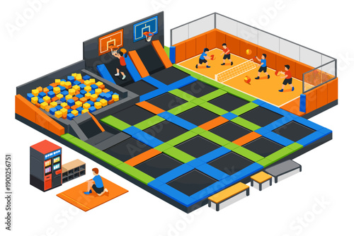 Isometric view of a vibrant indoor trampoline park with diverse recreational activities