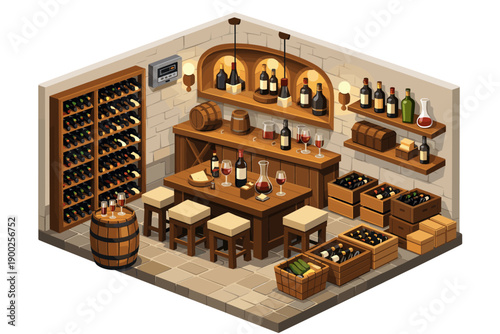 Cozy wine cellar with tasting table, racks, and crates of wine bottles