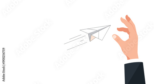 Human hand launching a simple paper airplane, symbolizing new ideas and creative possibilities.