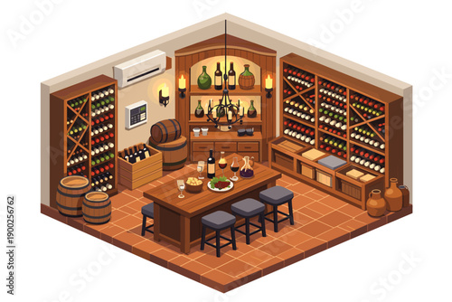 Cozy isometric wine cellar with tasting table, racks, and barrels