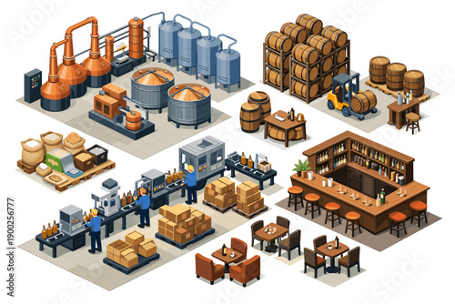 Isometric illustration of a distillery and bar production process from raw materials to finished product