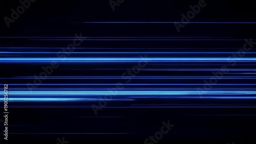 Moving blue horizontal light lines on black. Speed dynamic motion data flow stream. Glow streak effect for abstract background.