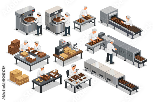 Modern chocolate factory production line with workers and machinery in isometric view