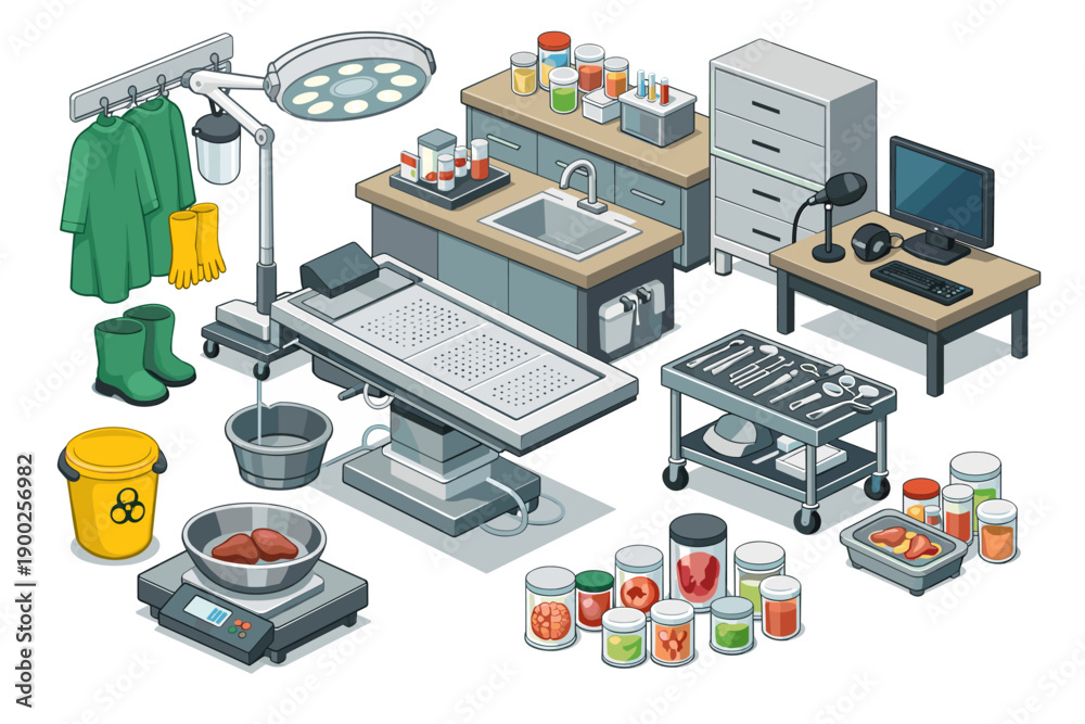Obraz premium Medical laboratory and autopsy equipment arranged in an isometric view