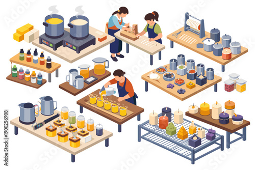 Artisans crafting candles in a workshop, demonstrating the creative process from start to finish