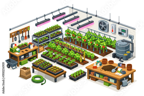 Modern indoor greenhouse setup with grow lights, irrigation, and tools for efficient plant cultivation