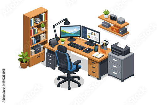Modern isometric home office setup with dual monitors and ergonomic chair