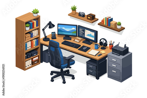 Modern isometric home office setup with dual monitors and ergonomic chair