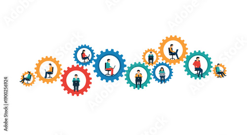 Varied team of individuals seated on colorful interconnected gears, signifying focused digital work and collaborative