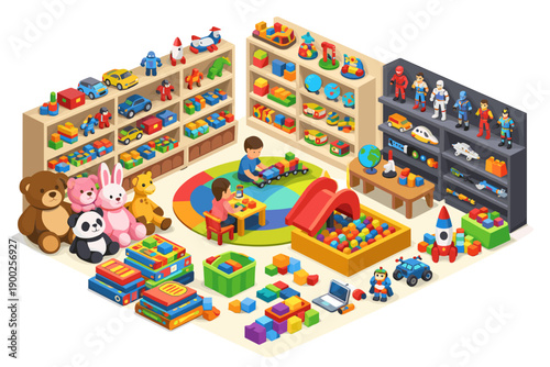 Vibrant isometric illustration of a child's playroom filled with diverse toys and activities