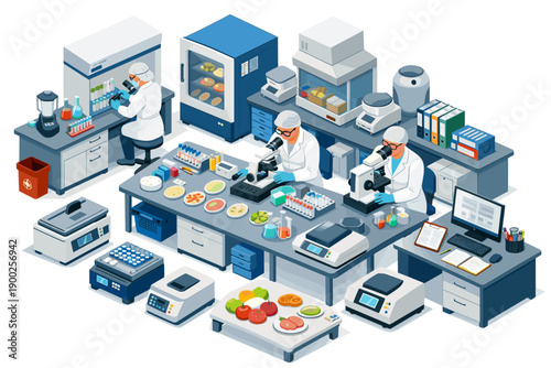 Scientists in a modern laboratory conducting research with microscopes and scientific equipment