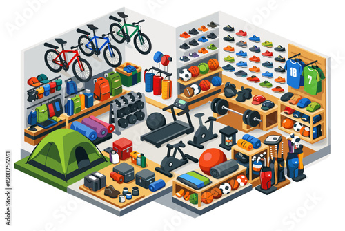 Isometric sports equipment store interior with bicycles, treadmills, and camping gear