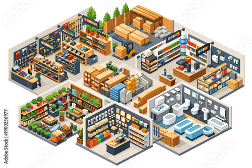 Isometric view of a large hardware store with different departments and products displayed