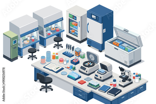 Modern laboratory equipment and supplies arranged on a clean white background