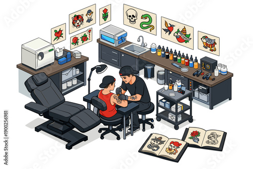 Tattoo artist meticulously working on client's arm in a well-equipped studio with art