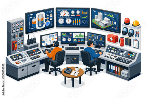 Control room operators monitor complex systems on multiple screens in a modern industrial facility