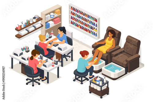 Nail salon interior with clients receiving manicures and pedicures from technicians