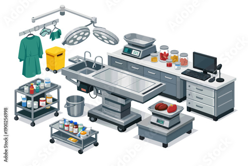 Veterinary operating room equipment and supplies laid out for a procedure
