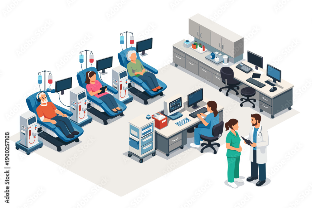 Fototapeta premium Modern dialysis clinic interior with patients receiving treatment and medical staff collaborating