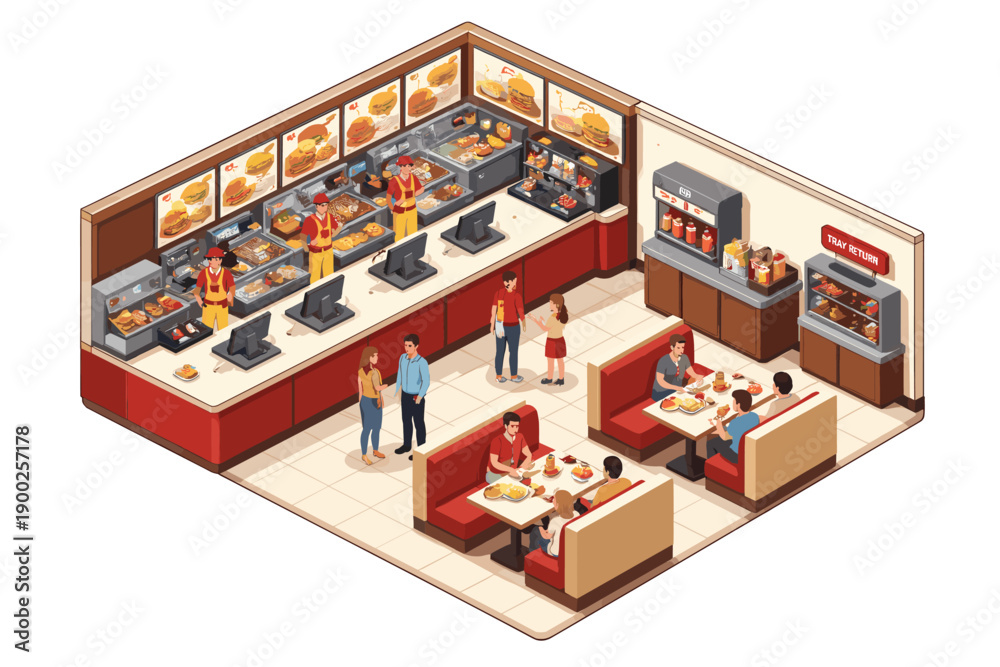 Fototapeta premium Isometric view of a busy fast food restaurant interior with customers and staff