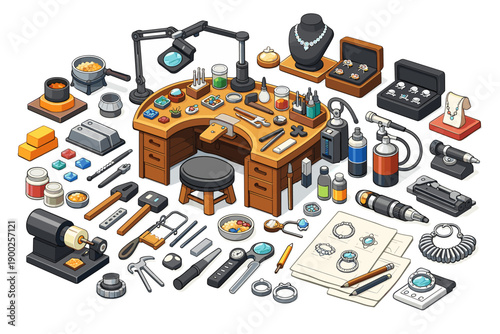 Jewelry making workbench with tools, materials, and finished pieces displayed