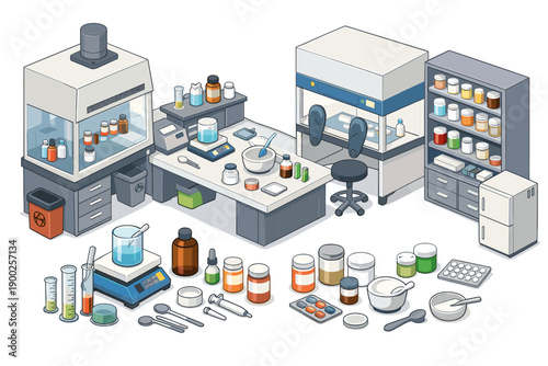 Isometric laboratory scene with scientific equipment and pharmaceutical supplies