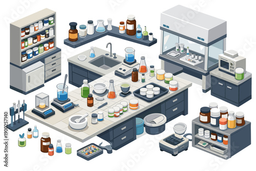 Isometric laboratory setup with scientific equipment and various chemical containers