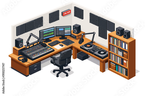 Modern radio station studio setup with audio equipment and DJ turntables
