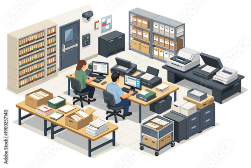 Office workers processing documents with computers and printers in a modern archive setting