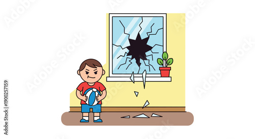 Mischievous boy holding a beach ball, standing before a clearly broken window, depicting accidental damage and home