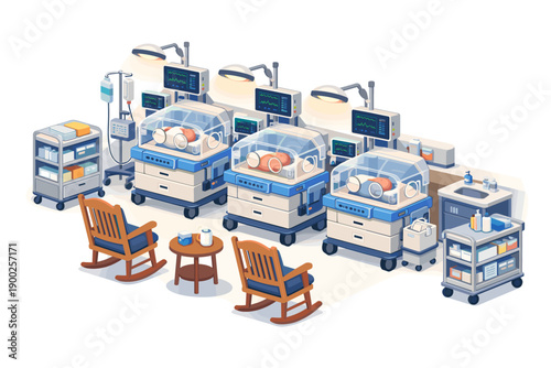 Neonatal intensive care unit with incubators, monitors, and rocking chairs for parents