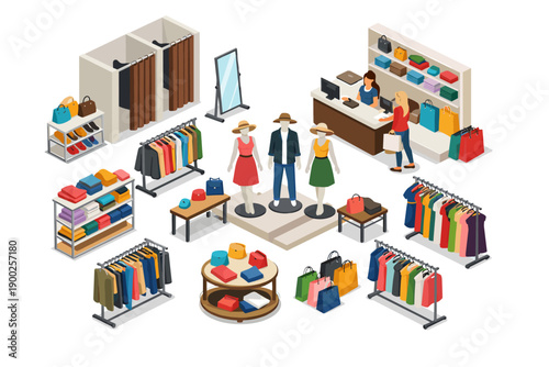 Isometric clothing store interior with mannequins, racks, and checkout counter
