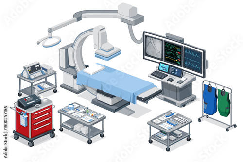 Modern operating room with advanced medical equipment and diagnostic monitors
