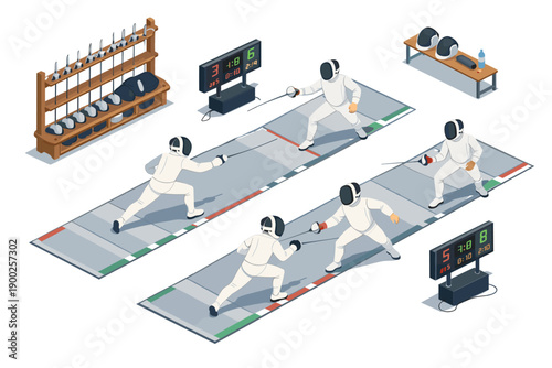 Isometric illustration of a fencing competition with athletes, equipment, and scoreboards