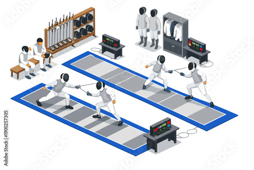 Isometric illustration of a fencing competition with athletes, equipment, and scoring machines