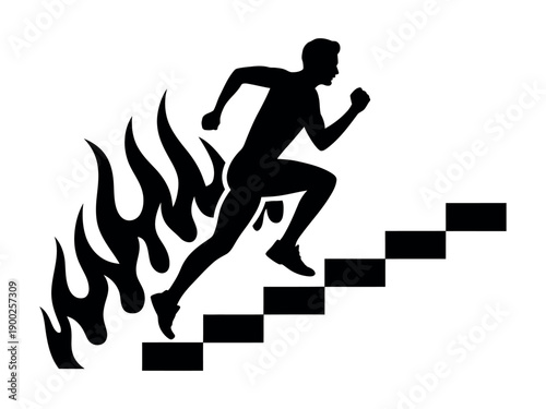 A silhouette of a man running up stairs with flames behind him