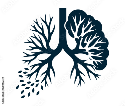 An illustration of lungs and brain connected by a trachea on a white background