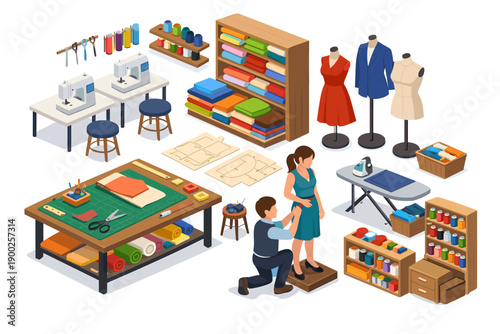 Tailor shop isometric illustration with sewing machines, fabric, and mannequins