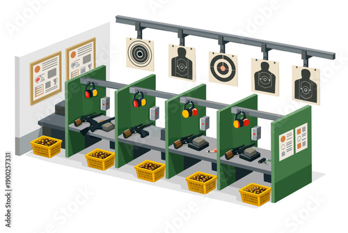 Indoor shooting range with multiple lanes, targets, firearms, and safety equipment