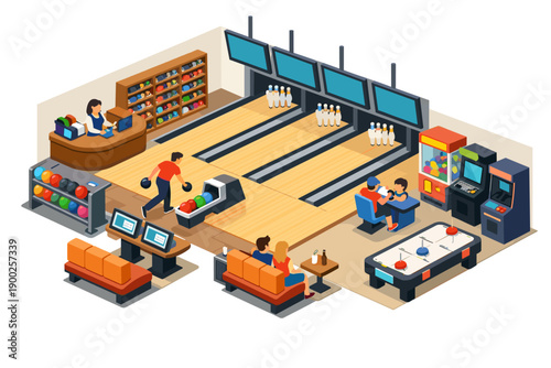 Isometric bowling alley with arcade games and air hockey for family fun