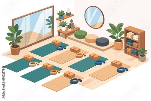 Cozy yoga studio setup with mats, blocks, straps, and plants for mindful practice
