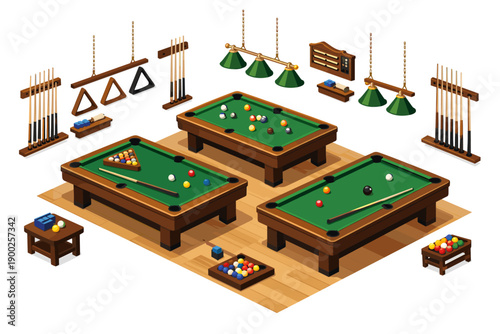 Isometric view of a billiard room with multiple pool tables and accessories