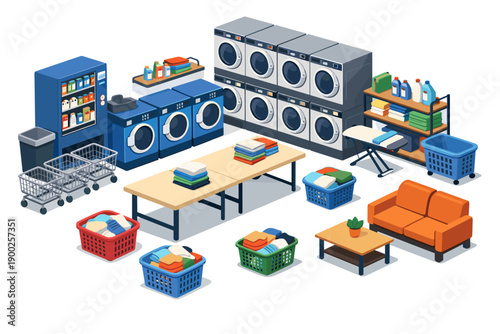 Isometric laundry room with washing machines, dryers, baskets, and seating area
