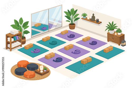 Isometric yoga studio with mats, blocks, straps, and meditation cushions